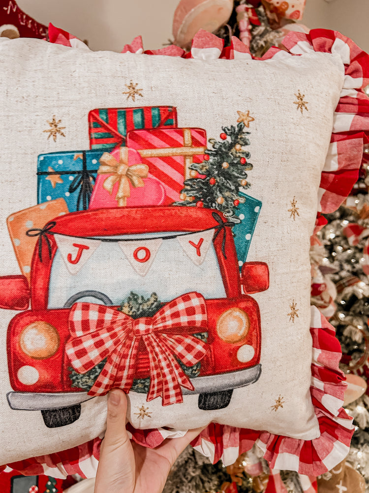 Red Truck Cushion with gingham ruffles