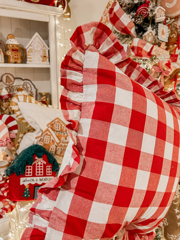 Red Truck Cushion with gingham ruffles