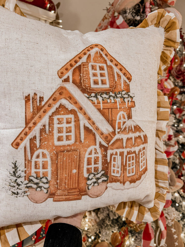 Gingerbread House Cushion with gingham ruffles