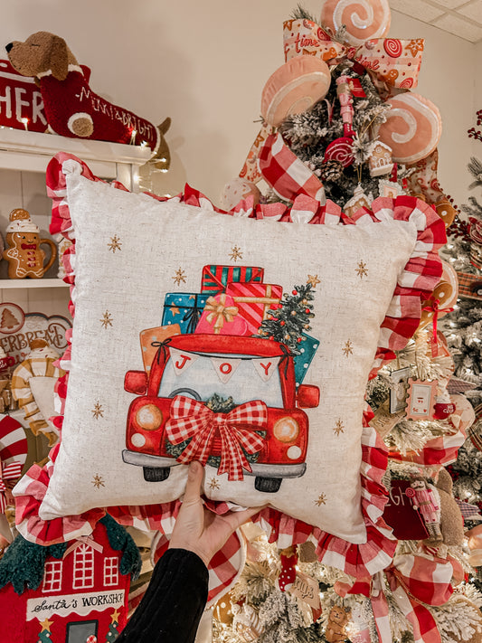 Red Truck Cushion with gingham ruffles