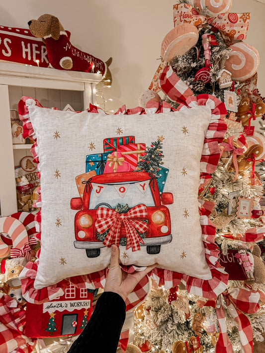 Red Truck Cushion with gingham ruffles