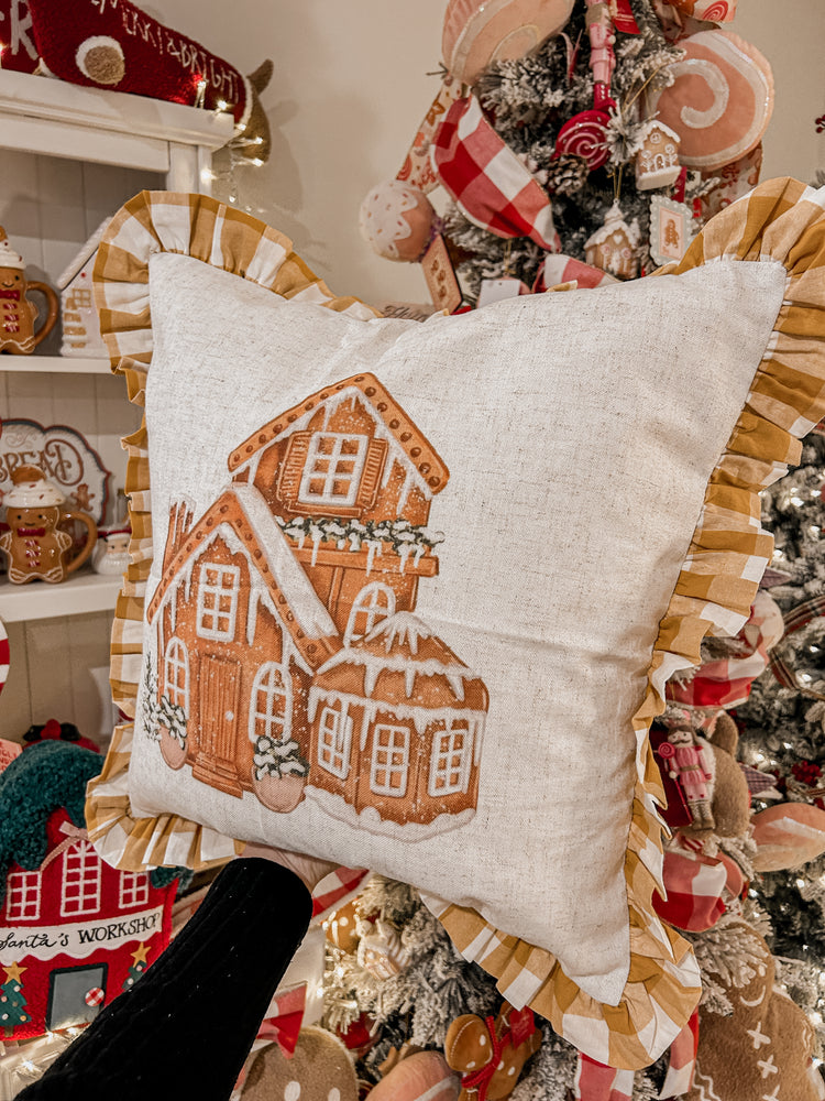 Gingerbread House Cushion with gingham ruffles