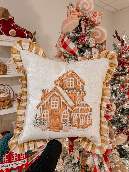 Gingerbread House Cushion with gingham ruffles