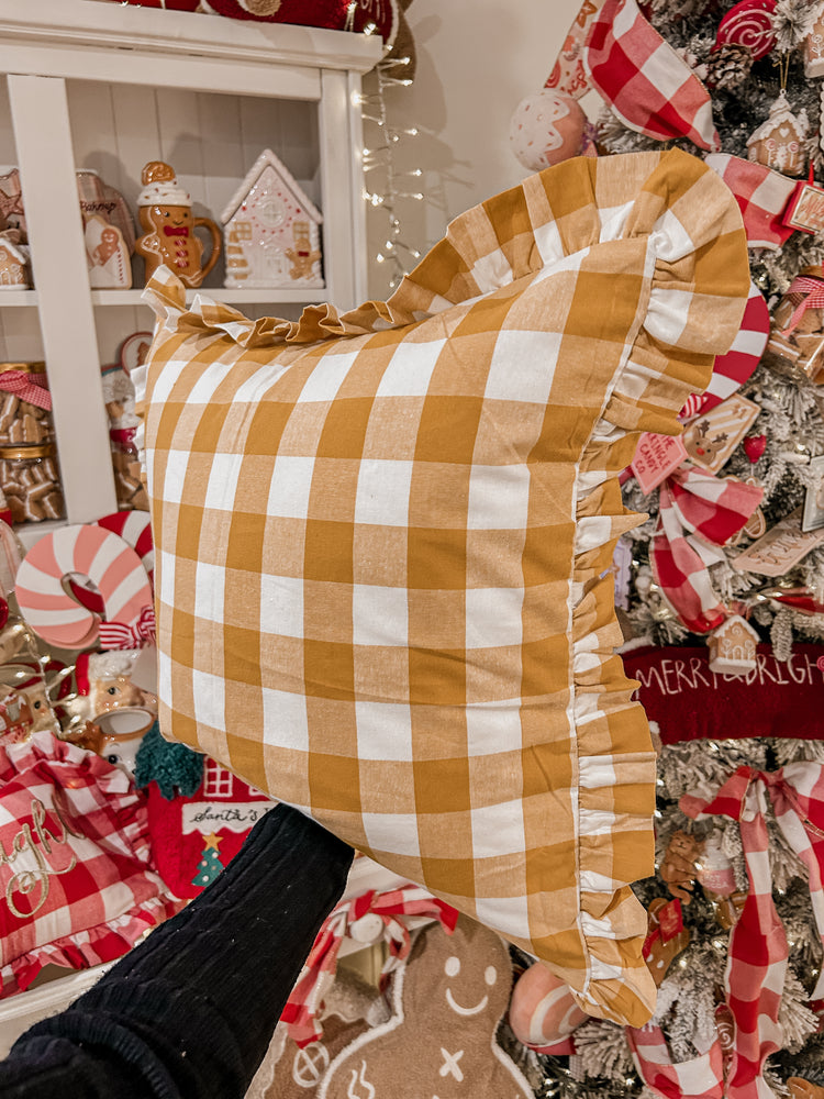 Gingerbread House Cushion with gingham ruffles